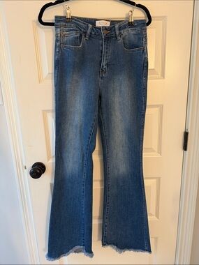 Nature Denim High-Rise Blue Flare Jeans with Raw Hem